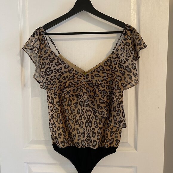 Marciano Los Angeles Leopard Print Ruffle Bodysuit — Feminine, Edgy & Versatile - Picture 1 of 8